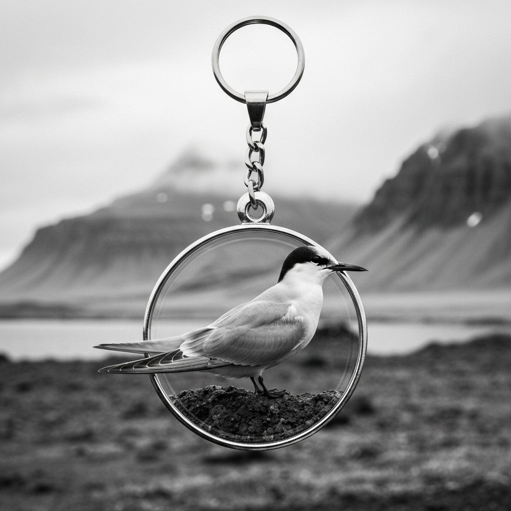 Striking black and white tern photography in a rectangular keychain. Elegant seabird captured in stunning detail.